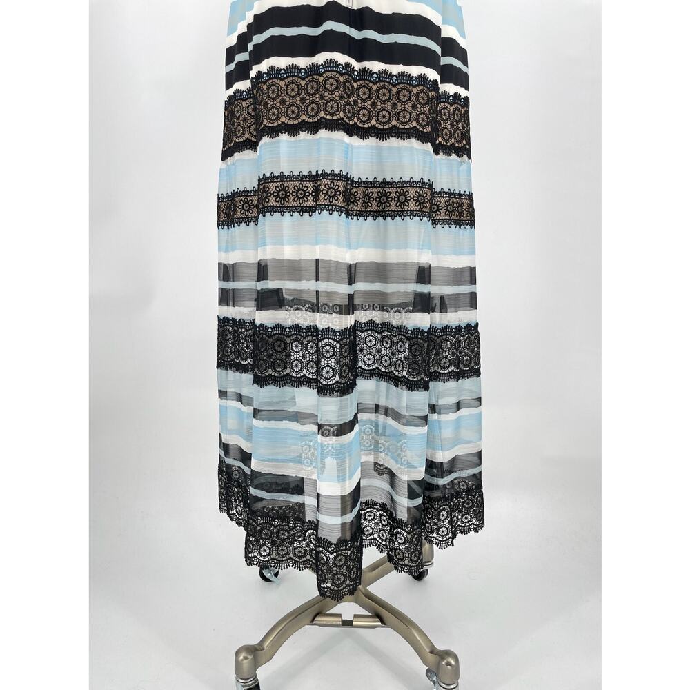 Tadashi Shoji Womens Blue Black Striped Tulle Lace Midi Dress Sz 8 - Picture 6 of 10